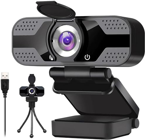 Gubbett Webcam 1080P con treppiede e copertura webcam, con microfono, Plug & Play, telecamera USB per computer per videochiamate, registrazioni, studio, conferenze, compatibile con Windows, Mac e