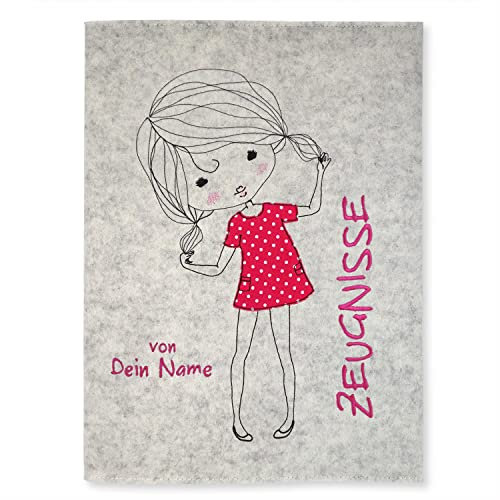 Goldi-Design Zeugnismappe Süßes Mädchen weiß personalisiert mit Namen 100% Wollfilzumschlag und Sichtbuch DIN A4 mit 20 Hüllen