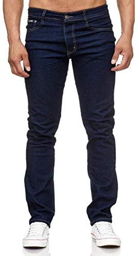 iProfash Jeans för män normal passform mörkblå raka ben stentvättade