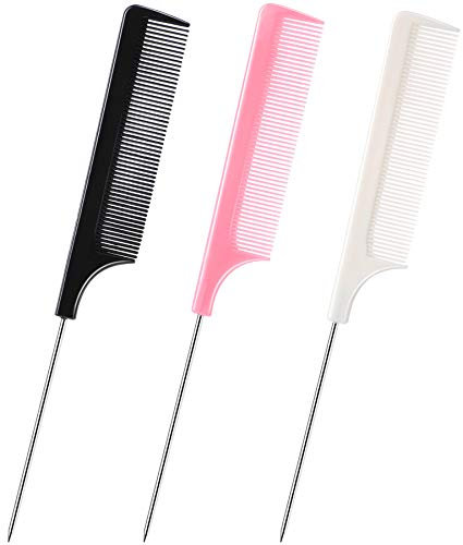 JANYUN 3 Pcs Rat Tail Combs Salon Hairdressing Comb with Stainless Steel Handle, Fine Tooth Combs for Women, Barber