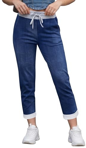 Love My Fashions® Trousers for Women UK Elasticated Waist Floral Denim Look Comfortable Italian Trousers, Casual Summer Yoga Pants for Women