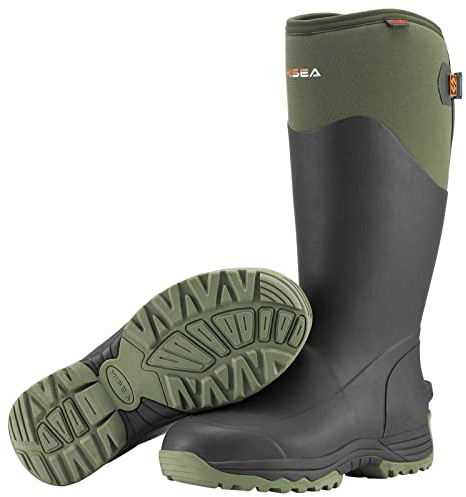 HISEA Rubber Rain Boots for Men, Waterproof Insulated Neoprene Hunting Boots, Durable Anti-Slip Outdoor Mud Boots for Hunting Gardening Farming Fishing Yard Working, Size 10 Green