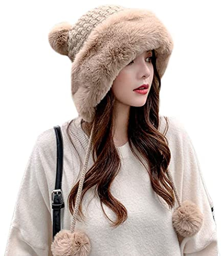 Winter Pompom Beanie Hats for Women Fluffy Knit Womens Beanie Faux Fur Crochet Skull Cap Warm Bucket Outdoor Ear Cover Khaki