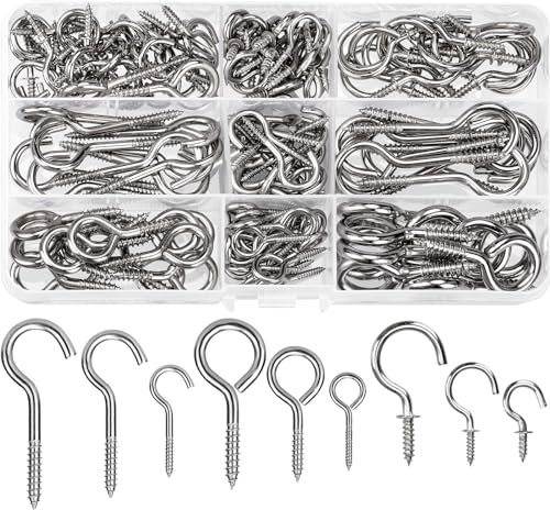 HATANSE 150 Pièce Crochets à Visser Inox 9 Tailles Crochet Lustre Plafond Crochets à Vis en Métal Screw in Hooks pour Lampes Clés Tasses à thé Et Autres Ornements