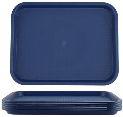 ZOENHOU 6 Pack 14 x 10 Inch Plastic Fast Food Tray, Rectangular Cafeteria Trays Food Serving Tray Bulk, Plastic Lunch Trays for Serving Food Home Restaurant Dinning Room Organization, Blue