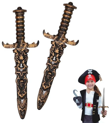 MisFun 2 Pezzi Spada Giocattolo in Plastica, Spada Giocattolo Pugnale Pirata, Coltello Finto Non Affilato, Spada Pirata per Oggetti di Scena Costume Pirata, Festa Pirata (Oro Antico)
