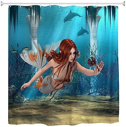 goodbath Sjöjungfru duschdraperi, undervatten hav värld badrum duschgardiner med krokar vattentätt baddraperi, 180 x 200 cm