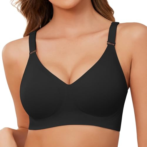TOMEEK Bras for Women Non Wired Support Full Coverage Push up V Neck Seamless Wireless Bra Ladies Comfort Everyday Bras Zero Feel Bralettes with Pads,Black, Size S