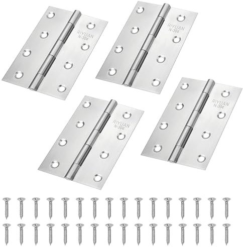 DesertBoy 4 Inch Stainless Steel Strong Butt Door Hinge 100mm Timber Door Hinge (8 Holes) Hinges for Wood with 32 Screws for Furniture Hardware Cabinet Closet Drawer (4 Pcs Thickness 1.3 MM)