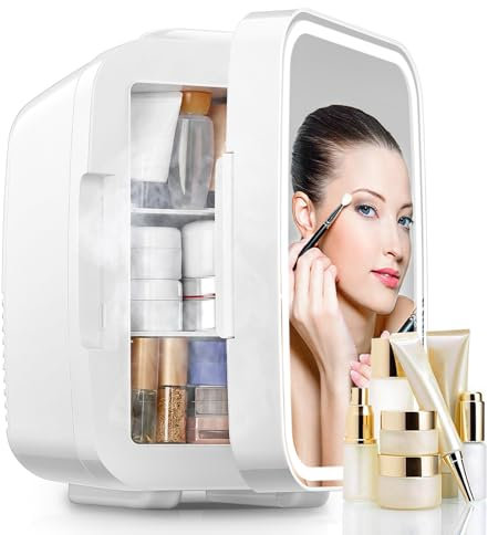 FOHERE 5L Mini Kühlschrank mit LED LICHT Spiegel,220V AC, Getränkekühlschrank, Kleine Skincare Fridge Kühl/Heizfunktion für Schlaf & Wohnzimmer, Büro Schreibtisch,Weiß