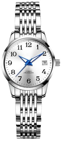 RORIOS Frauen Mechanische Uhr Damen Elegant Armbanduhren Minimalistisch Automatik Uhr Mode Automatik Edelstahl Uhr Leuchtend Analog Damenuhren Weiß B