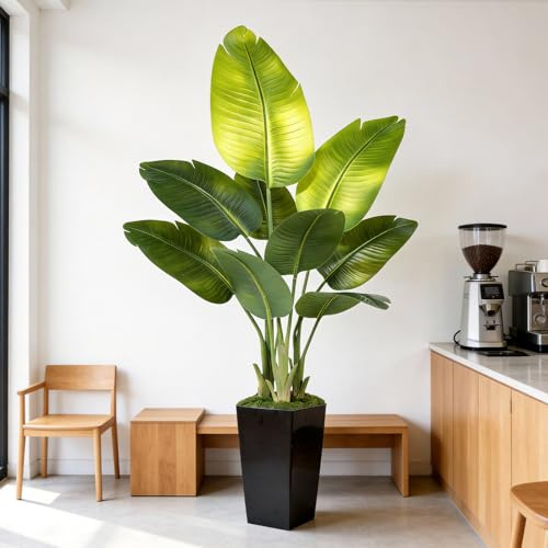 Lifelike Bird of Paradise Artificial Plant 5ft Faux Banana Leaf Tree with Black Tall Planter for Home Decor - Perfect Indoor Silk Floor Plant for Living Room, Office, and Bedroom Ambiance Enhancement