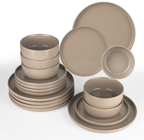 Richmount Milkyway juego de vajilla，18 piezas juego de platos，Sprinkle vajilla de gres para 6 con platos de cena, platos de postre, cuencos de cereales, microondas y lavavajillas, canela marrón