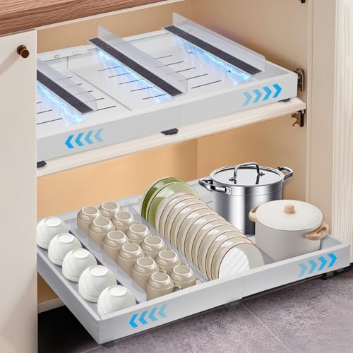 Telescopic Drawer, Pull-Out Kitchen Drawer, Pull-Out Cabinet Organiser, Adhesive, Adjustable Width, Cupboard Organiser, No Drilling Required, 31-53 cm W x 42 cm D x 7 cm H, White