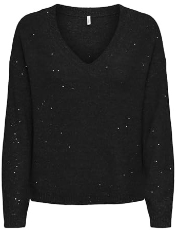 ONLY Onlarizona Ls Sequins V-Neck Pul KNT, Noir, S Femme