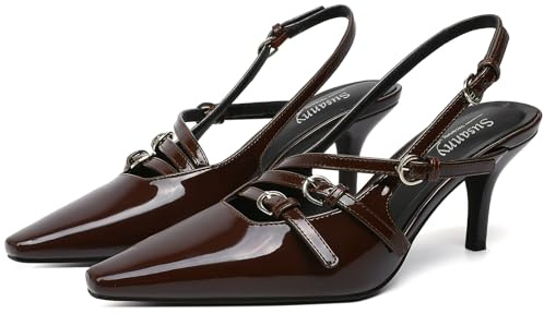 Susanny Slingback Kitten Heels for Women Closed Pointed Toe Strappy Dress Pumps Comfortable Stiletto Low Heels Sexy Buckle Strap Dressy Slip On Shoes for Wedding Bridal Party Work, Brown, 5 UK