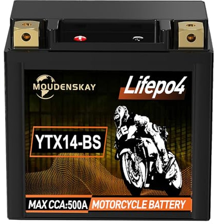 MOUDENSKAY Litium motorcykelbatteri 12 V litiumpowersports batteri med BMS (YTX14-BS 500 ~ 600 CCA 12,8 V 6 Ah) LiFePO4 motorcykel startbatterier för motorcyklar, ATV, UTV, vattenfordon etc | LiFePO4-teknik, BMS-schut, 76,8 WH, för motorcykel, ATV, UTV.Ultralätt, perfekt ersättning för blybatterier