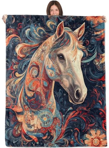 WKEDIN Artistic Horse Blanket,50x60in,Cozy Flannel Throw with Colorful Swirls and Floral on Dark Design,Soft Lightweight Gifts Blankets for Women,Sofa Bed Travel Cool Decor
