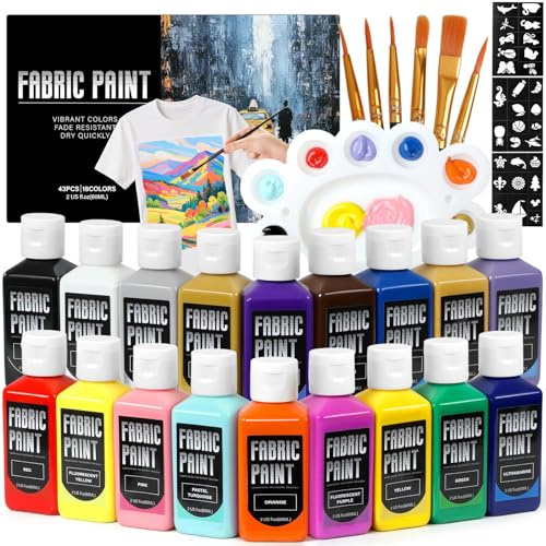 TMOL Waschmaschinenfest Textilfarben Set – 18 Farben in Flaschen (je 60 ml/2 oz), ungiftige & wasserfeste Stoffmalfarben mit Pinseln & Schablonen, Textilfarbe für Kleidung & DIY & Kunst