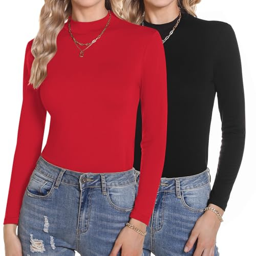 Aottori Camiseta Cuello Alto Mujer Pack de 2 Manga Larga Básica Top Elegante Sólido Camisa Casual Ligero Elástico Suave Interior Térmico T Shirt