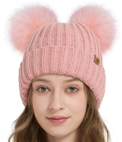Creekstone Double Pom Pom Beanie Winter Hats for Women Girls, Warm Fleece Lined Beanie, Thick Knit Hat Faux Fur Bobble Hat (US, Alpha, One Size, Pink Metallic)