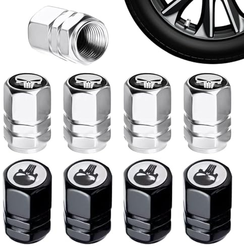 DUINIU 8 Capuchons De Valve De Voiture, Capuchons Décoratifs En Forme De Crâne, Capuchons De Protection Des Pneus, Adaptés À La Conversion De Voiture (Noir, Argent).