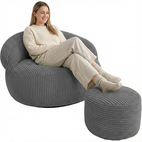 Bananair - Sitzsack für Wohnzimmer aus Cord, XXL Bean Bag Chair, Weich & Elegant - Maschinenwaschbarer Bezug - Ideal für Wohnzimmer, Schlafzimmer, für Erwachsene & Jugendliche (110×100 cm, Dunkelgrau)