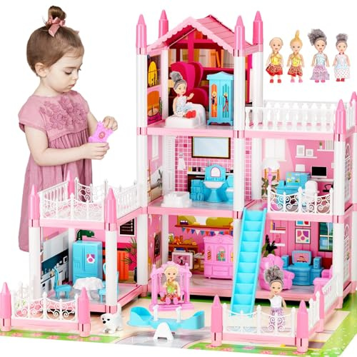 Maisonde - Muñeca para niñas de 3, 4, 5, 6, 7, 8 años, casa de muñecas de 3 plantas y 6 piezas con 4 muñecas, accesorios ligeros, muebles, casa de muñecas para niños