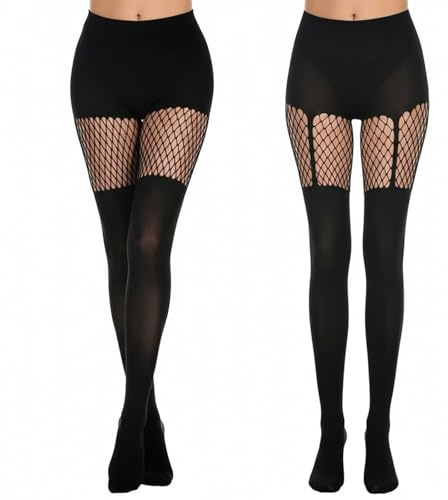 XDGBGFN 2 par svarta strumpbyxor dam, ogenomskinliga nätstrumpbyxor ogenomskinliga strumpbyxor overknee utseende hög midja strumpbyxa, Svart (galler + hängslen ), one size