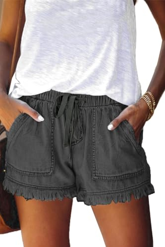 HVEPUO Short d'été large en coton et lin pour femme avec bande élastique, F gris foncé., XL