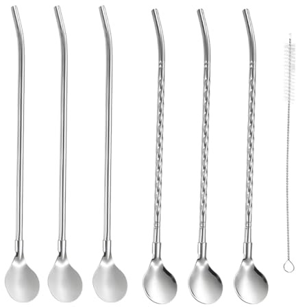 6 Piezas Pajitas De Acero Inoxidable, Cuchara de Paja de Metal Reutilizable con Cepillos, Pajitas con Cuchara, para Beber Té Suelto, Café Helado, para CóCteles Café Latte Macchiato Leche