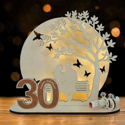 ARTREE Regalo in denaro per matrimonio 30 anni, regalo di nozze di perle, decorazione per anniversario di matrimonio, confezione in legno per soldi con catena luminosa a LED, idea regalo romantica per
