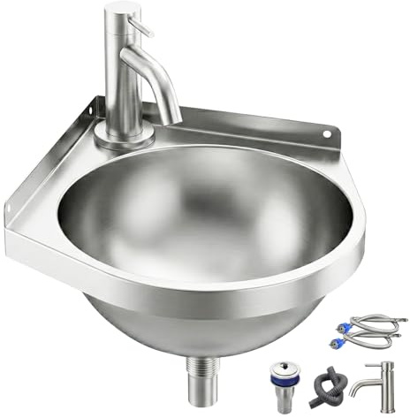 Lavabo de esquina de acero inoxidable con grifos de agua caliente y fría, 21 x 21 x 15 cm, montaje en pared, lavabo triangular, ahorro de espacio, lavabo individual para cocina, caravana, baño