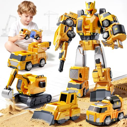 VEEVIFUN Pelleteuse Enfant Camion Jouet Set, Voiture Cars Jouet Garçon 3 4 5 6 7 Ans, Magnétiques Transformables en Robot Enfant, Cadeau Garçon 3-5 4-6 5-7 Ans Anniversaire