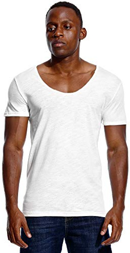 Deep V Neck T Shirt for Men Low Cut Scoop Tee Invisible Vee Top Cotton Short Sleeve Wide Neck White L