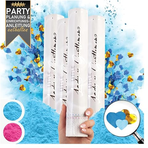 PrimePure Gender Reveal Confetti Cannon - Biodegradable Powder & Heart Shaped Confetti Party Poppers - Blue, Set of 4 - Gender Reveal Smoke Bombs Party Cannon Pop for Baby Boy Baby Shower