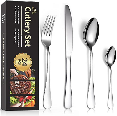Ben & Bel Lot de 24 couverts en acier inoxydable pour 6 personnes Facile à nettoyer et passe au lave-vaisselle