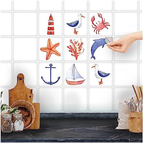 FoLIESEN - Weiße Fliesenaufkleber Nautic für Bad, Küche, Badezimmer - Fliesen-Folie selbstklebend - 9 Klebefliesen, .:15x15 cm - Weiß matt