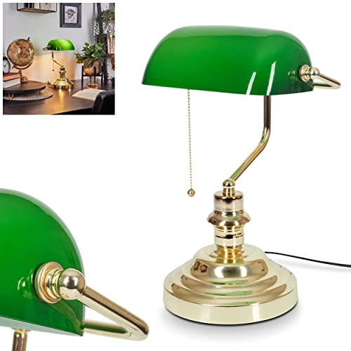 Tischleuchte Havsta, Tischlampe aus Metall und Glas in Messing/Grün, Leuchte im Vintage Design mit Glasschirm und einen Schnurschalter Kabel, 1-flammig, 1 x E27, ohne Leuchtmittel