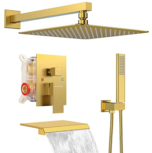EMBATHER Shower System with Tub Spout, 10 Inches Tub Shower Faucet Set For Bathroom, High Pressure Rain Shower with Handheld Spray, Brushed Gold (Contain Shower Valve and Trim kit)