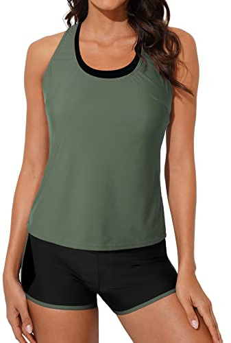 Aleumdr Womens Tankini Swimsuits Athletic 3 Piece Tummy Control Bathing Suits with Shorts Modest Tank Tops Green Large