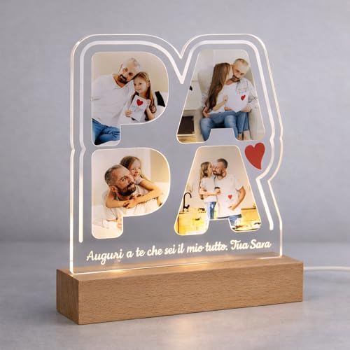 PV Grafik® Lampada Papà Personalizzata con 3 Foto e Dedica – Regalo Festa del Papà Originale – Targa Plexiglass con Base in Legno – Idea Regalo Compleanno da Figlio e Figlia(Base Led)