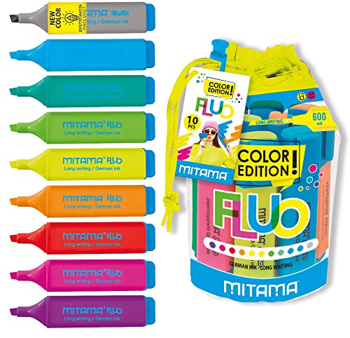 Mitama Fluo Highlighter Set 10 Färgade Highlights - 5mm Mejsel Tips - Markörer, Skolmarkeringar - Barn, Pojkar