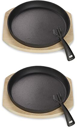 ECHTWERK Set de 2 poêles à servir en fonte, Poêle à griller avec planche à servir, Poignée amovible, Déjà cuite au four, Convient pour les fours, les grils et les barbecues, Ø 25 cm