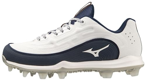 Mizuno Crampons de softball Finch Elite 6 Low TPU pour femme, Blanc/bleu marine, 38 EU