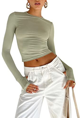 OYIGELZ - Camiseta de manga larga para mujer, camiseta básica de manga larga, crop top Y2K, ajuste slim, parte superior casual, cuello redondo, camiseta de moda, verde claro, M