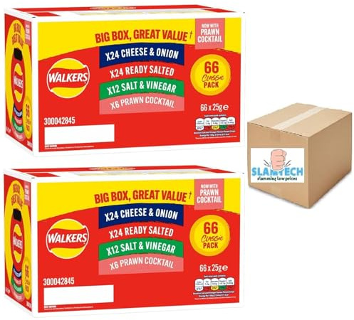 Walkers Classic Variety Box, 132 Crisps Pack, 25g Each, 4 Flavours - Cheese & Onion, Ready Salted, Salt & Vinegar, Prawn Cocktail 4 Different Flavours Boxed Slamtech