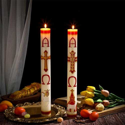 Threlaco 2 Pcs 18 Inch Large Easter Paschal Candle Cirios Religiosos Catolicos 2026 Alpha Cross Week Religious Catholic Church Candles for Baptisms Prayer Holy Week Church Supplies Easter Decoration