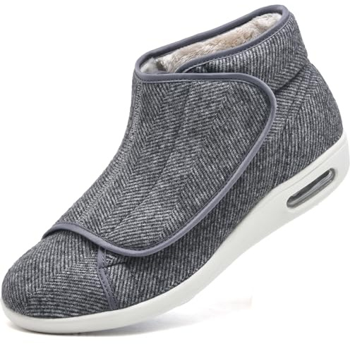 AZMAHT Scarpe Comode Anziani Scarpe Uomo Pianta Larga Scarponcini da Uomo Invernali Caldo Peluche Sneaker Infilare Uomo Pantofole da Uomo con Supporto per Arco Plantare,Gray Plush,46 EU