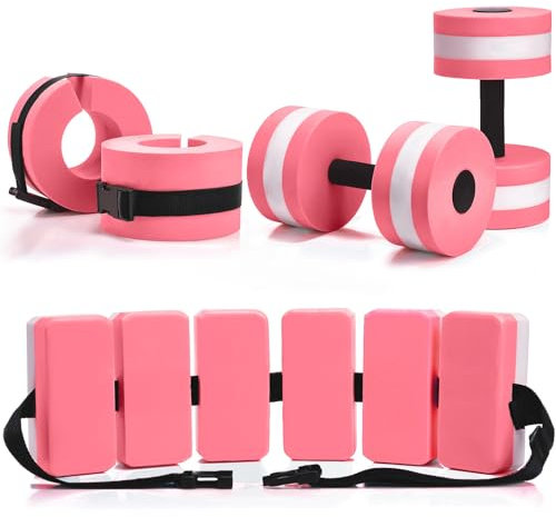 Motionchic 5 Pcs Pool Aquatic Exercise Set Including 2 Lightweight Water Dumbbells, 2 Ankle Swimming Weights, and Swim Belt Water Exercise Equipment for Aquatic Aerobics(Pink,Classic)
